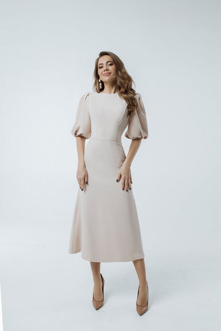 Beige Puff Sleeve Midi Dress – ELAGIA Simple Modest Dresses Classy, Wide Sleeves Dress, Modest Feminine Dresses, Modest Formal Outfits, Elegant Midi Dress Classy, Modest Cocktail Dress, Elegant Outfit Dress, Classy Modest Dresses, Beige Dress Outfit