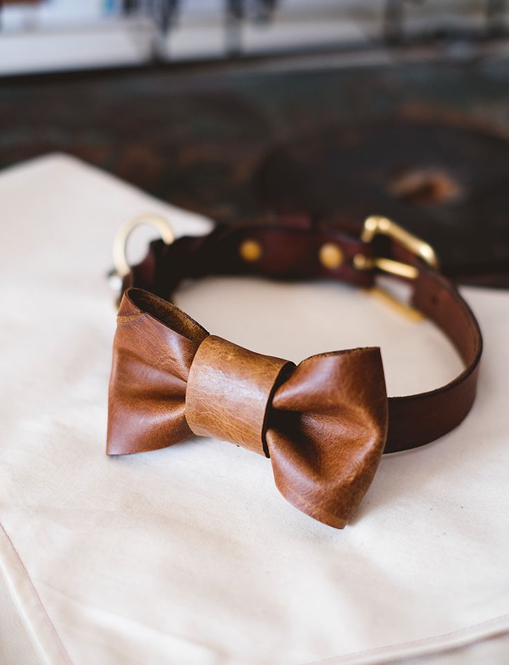 a wooden bow tie on a leather collared dog's leash, sitting on top of a white cloth