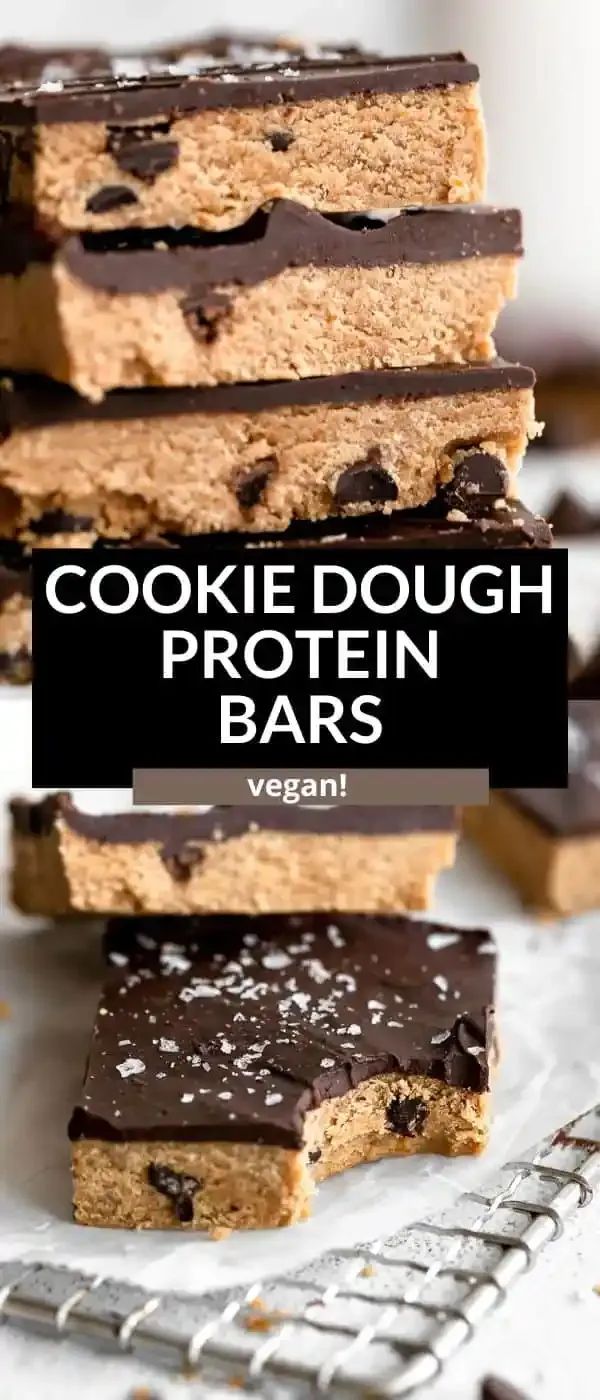 chocolate chip cookie dough protein bars stacked on top of each other with text overlay