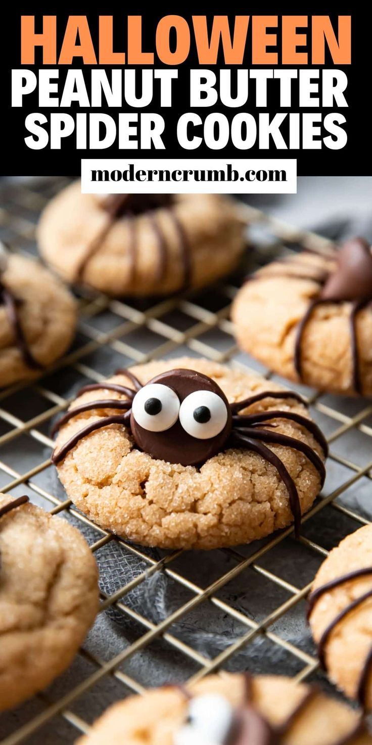 halloween peanut butter spider cookies on a cooling rack