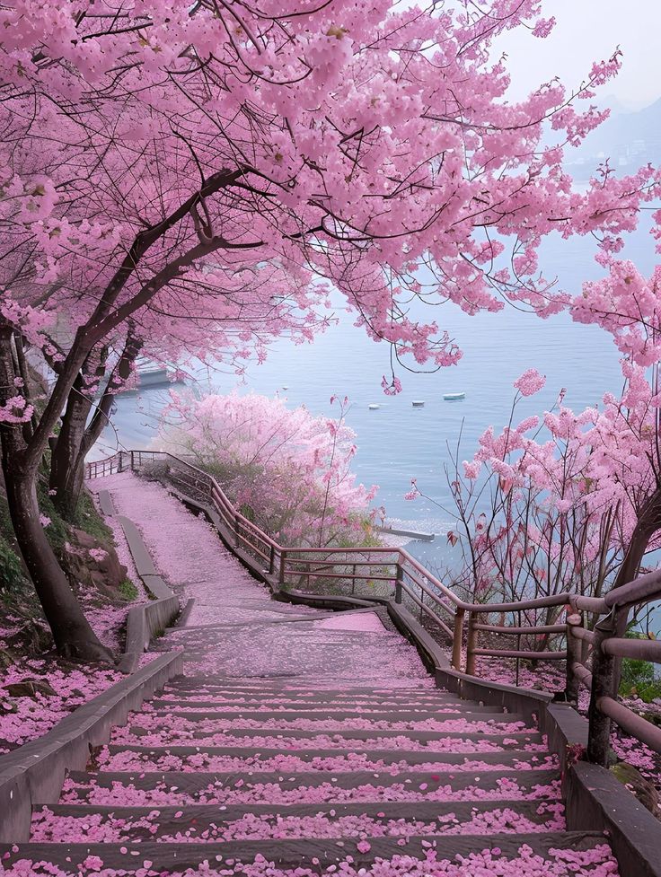 the stairs are lined with pink flowers by the water and trees on either side of them