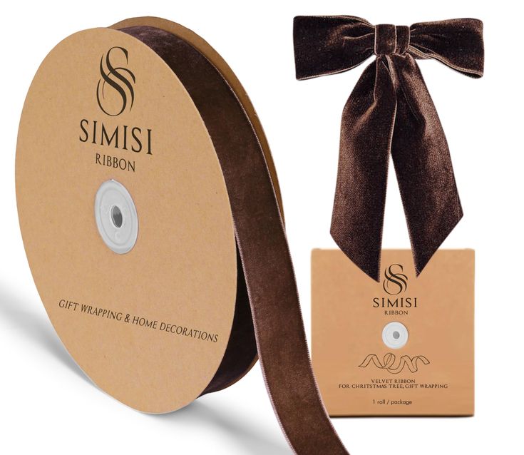 a brown satin ribbon with a bow on the front and back of it, next to a package