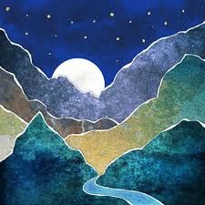 a painting of mountains with a river running through them and the moon in the sky