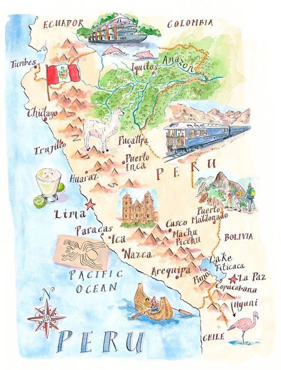 a watercolor map of peru with all the major cities and towns in each country