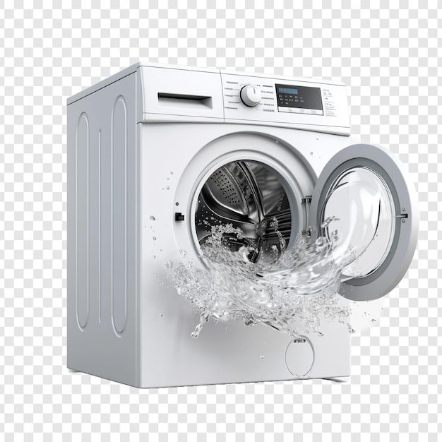 washing machine with water splashing out of it's front door, on transparent background