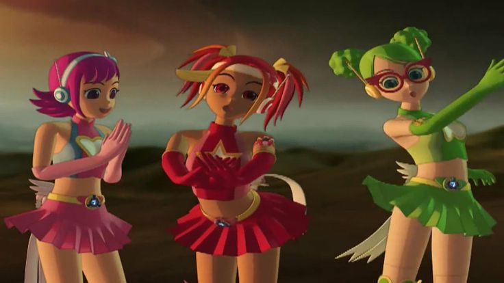 three cartoon girls dressed in different colored outfits