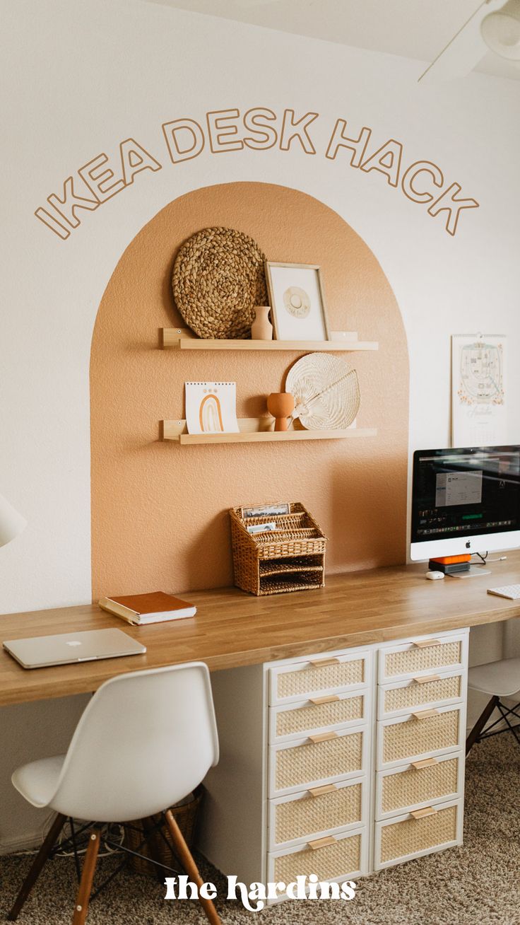 a desk with a computer on top of it and shelves above the desk that says ikea desk hacks