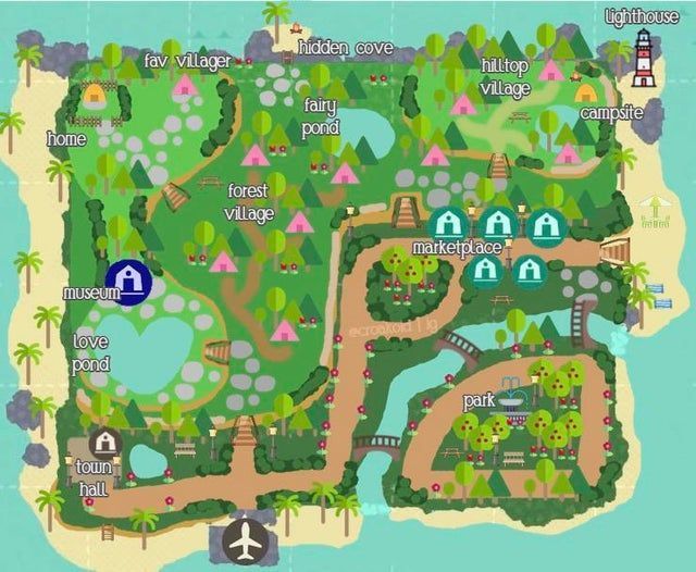 a map showing the location of an island with houses, trees and other things on it