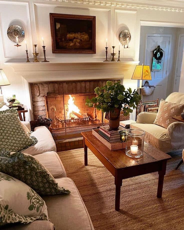 a living room filled with furniture and a fire place next to a fireplace in a home