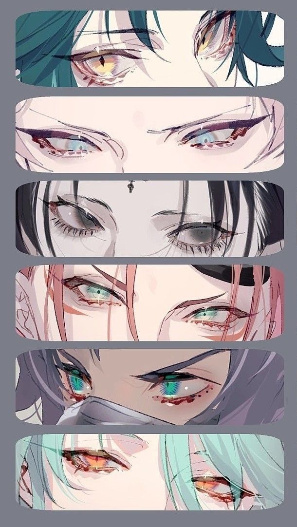 four anime characters with different colored eyes and long hair, all looking at the same direction