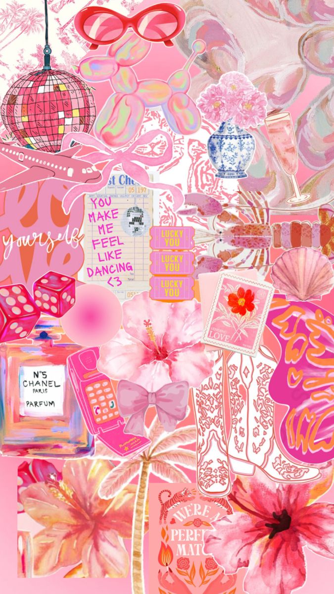 a collage of pink and red items on a pink background with the words love