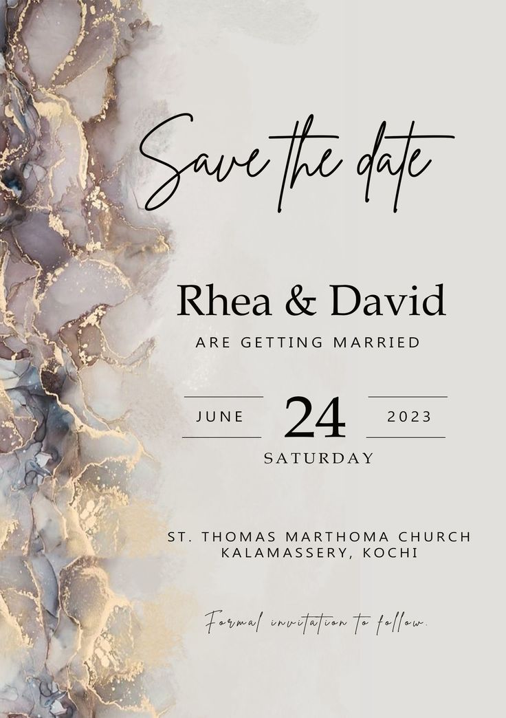 the save the date card is printed on white paper with black ink and gold foil