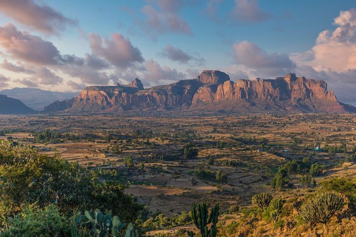 the mountains are surrounded by trees and bushes in the foreground, with clouds above them