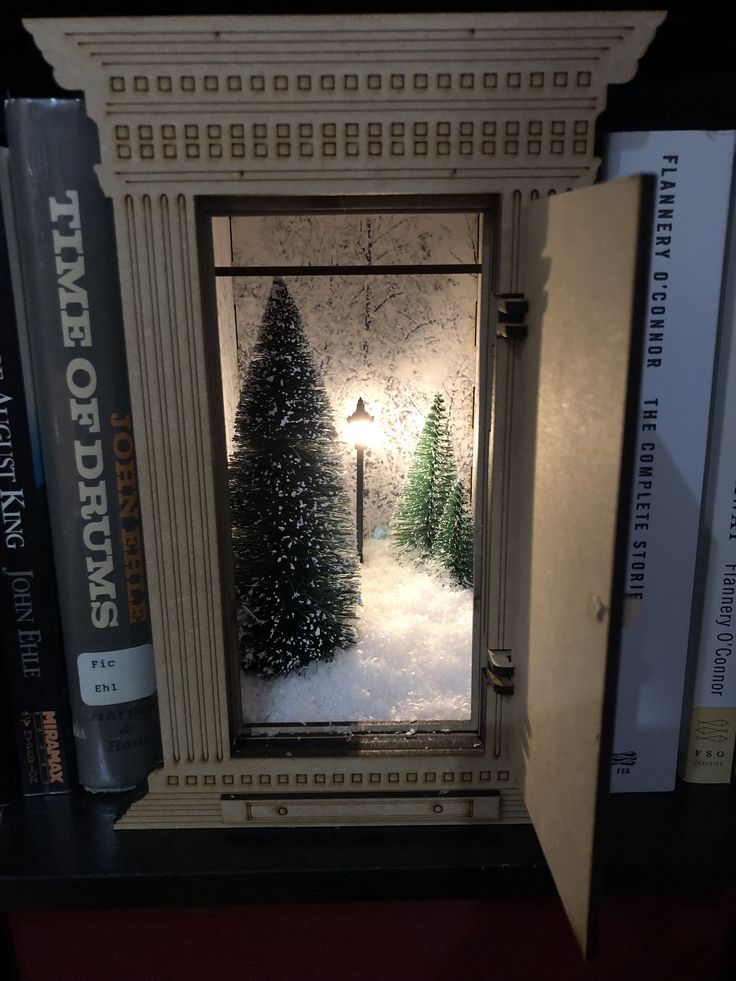 a book shelf with books and a lit up christmas tree in the doorway to a snowy path