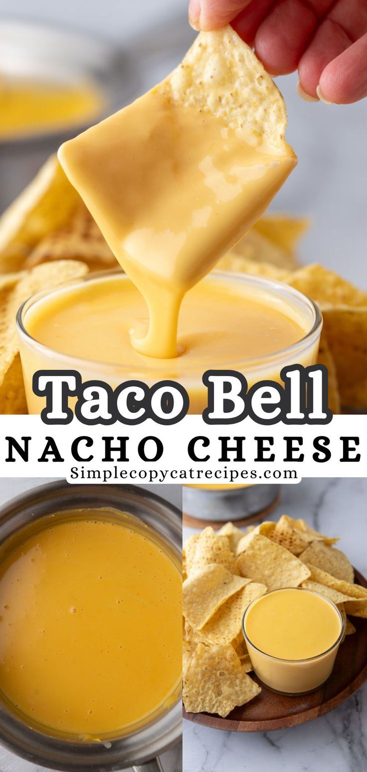 taco bell nacho cheese is being poured into a bowl with tortilla chips