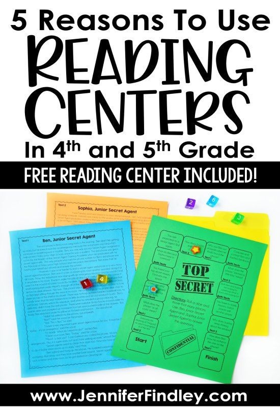 five reading centers with the text 5 reasons to use reading centers in 4th and 5th grade