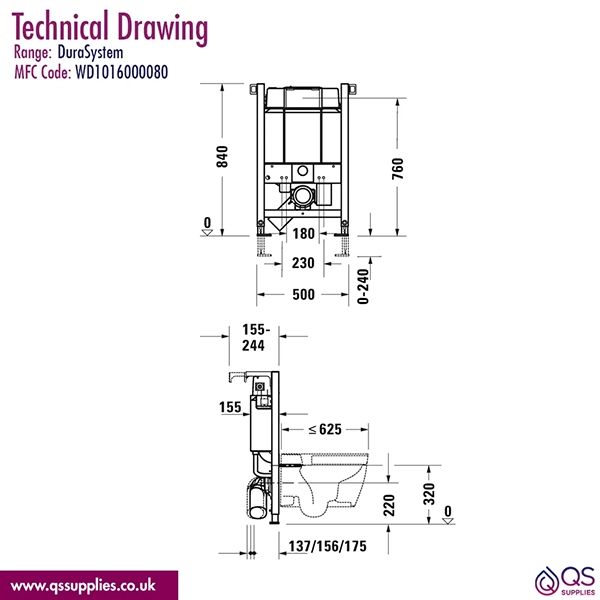 technical drawing of the front and side of a toilet