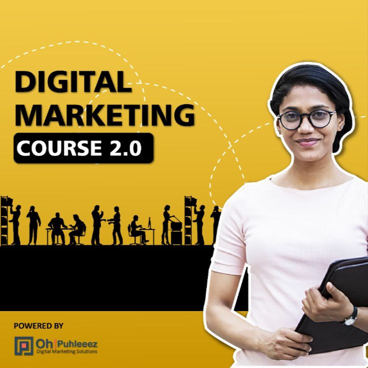 a woman holding a binder in front of a yellow background with the words digital marketing course 2 0