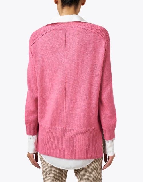 Looking effortlessly chic is easily achievable with this pink knit sweater from Brochu Walker. This cashmere and wool blend pullover creates the illusion of layering with its white shirt detailing, while its hi-low hem makes it easy to dress up or down. We love pairing it with slim-fitting trousers and ballet flats for a polished workwear edit. Pink Cashmere Tops For Spring, Pink Cashmere Sweater With Ribbed Cuffs, Chic Pink Fine Knit Sweater, Elegant Pink Fine Knit Sweater, Pink Fine Knit Cashmere Tops, Pink Long Sleeve Cashmere Cardigan, Pink Cashmere Cardigan For Fall, Chic Pink Sweater For Work, Casual Pink Cashmere Cardigan