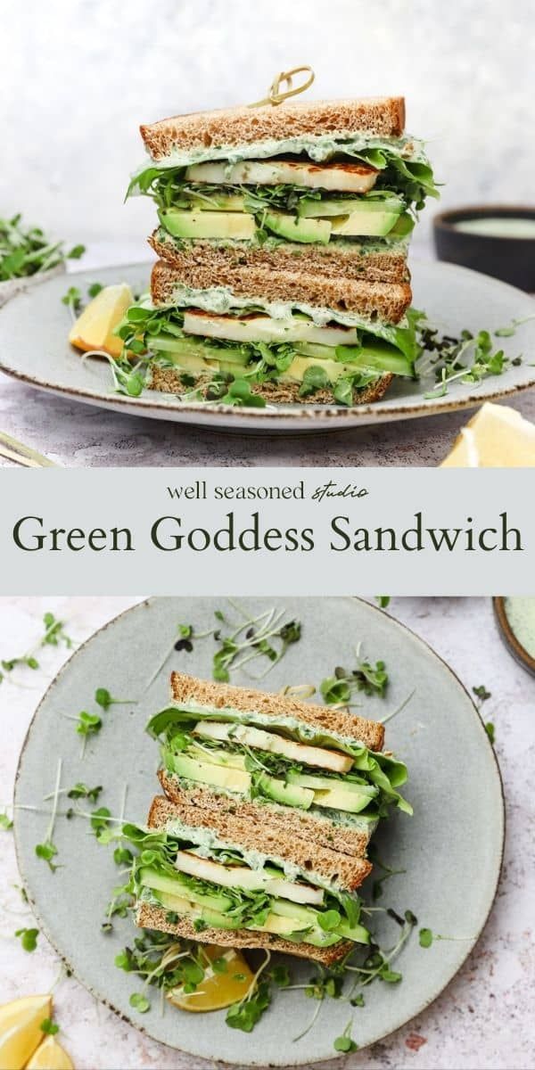 two plates with sandwiches on them and the words green goddess sandwich written in white letters