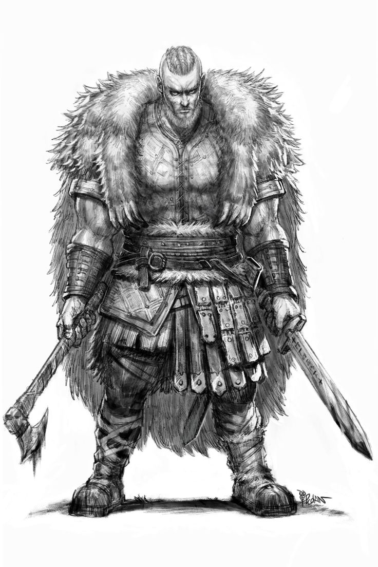 a drawing of a man in armor with two swords and fur on his shoulders, standing next