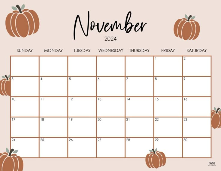 a november calendar with pumpkins on the front and bottom, in black ink against a peach background