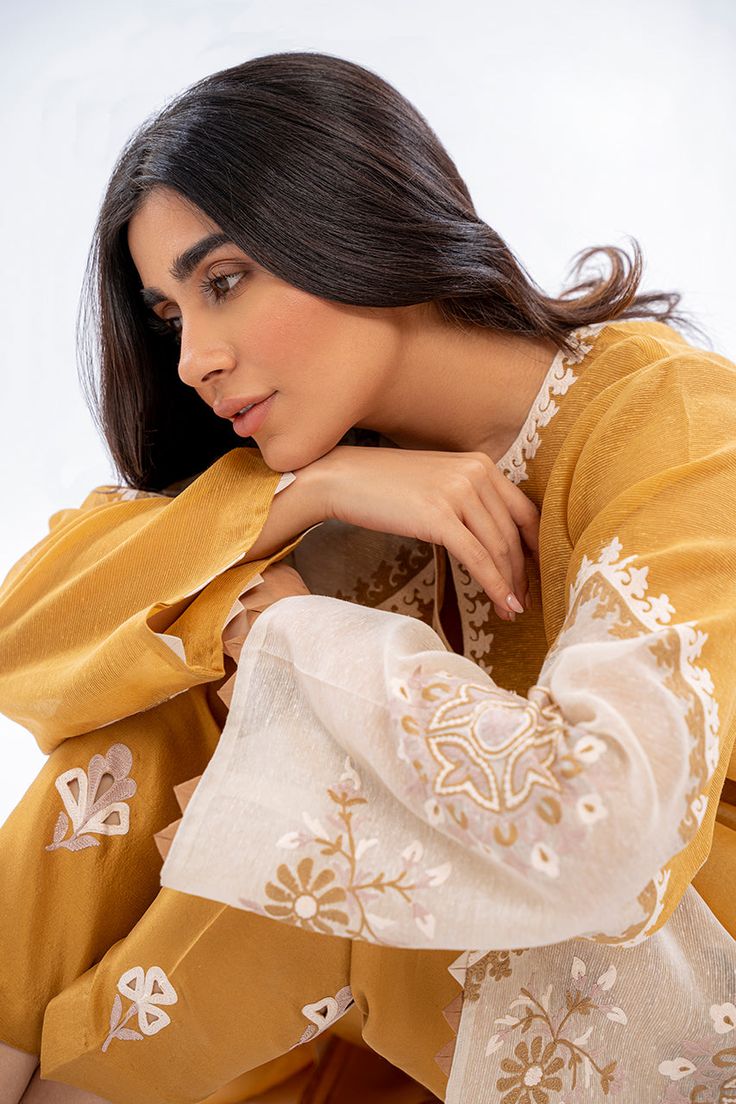 Cotton Silk Traditional Wear With Embroidered Sleeves, Traditional Cotton Silk Wear With Embroidered Long Sleeves, Traditional Wear With Embroidered Long Sleeves In Cotton Silk, Yellow Cotton Silk Traditional Wear With Long Sleeves, Yellow Long Sleeve Cotton Silk Traditional Wear, Chanderi Kurta With Embroidered Long Sleeves, Designer Chanderi Kurta With Embroidered Sleeves, Unstitched Traditional Wear With Embroidered Sleeves Straight Kurta, Cotton Silk Traditional Wear With Embroidered Sleeves For Eid