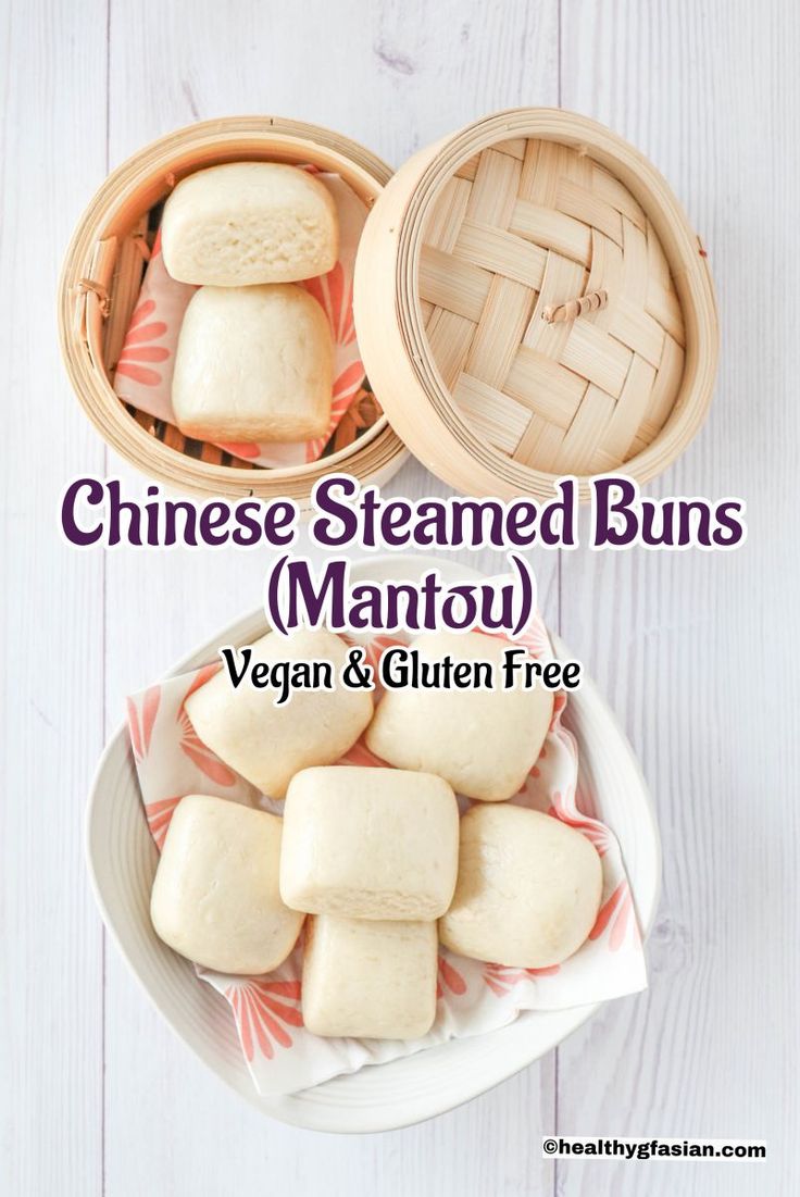 chinese steamed buns mantou, vegan and gluten free with text overlay