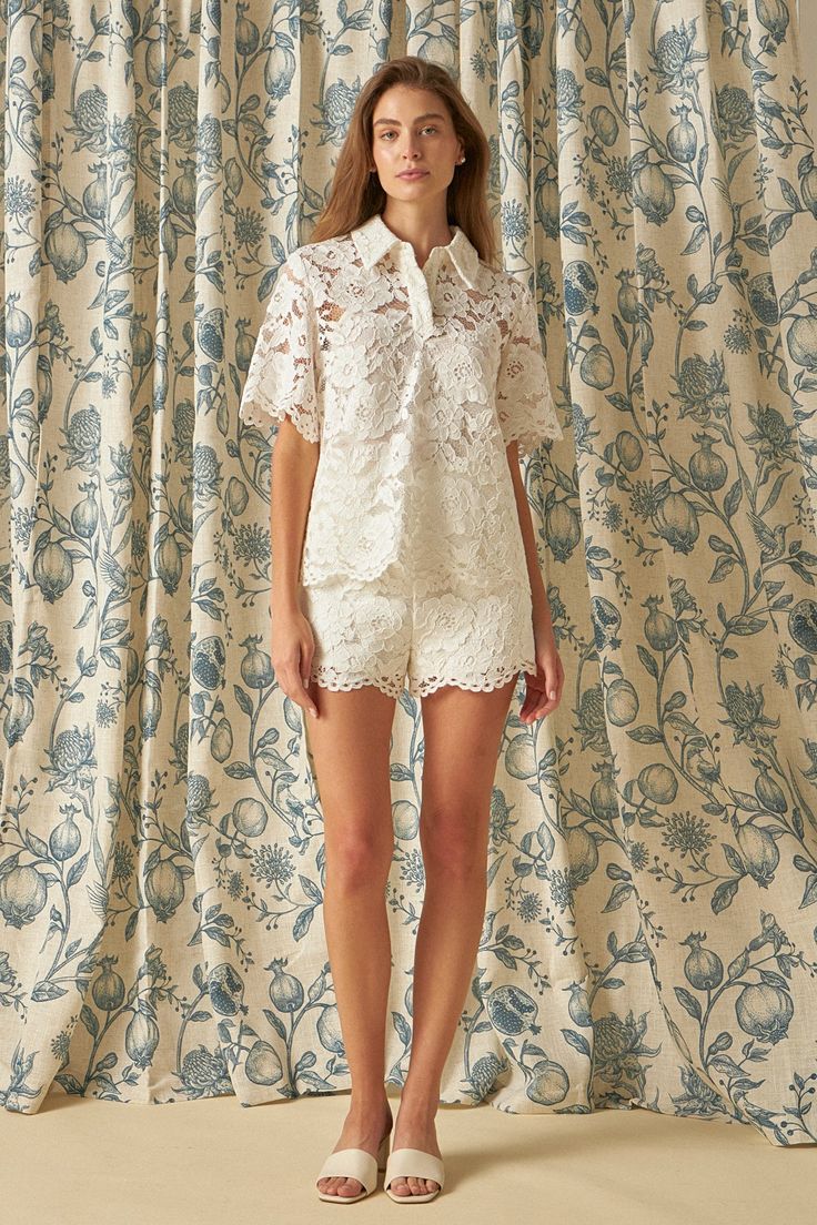 Chic Spring Blouse With Scalloped Lace, Chic Scalloped Lace Blouse For Spring, Spring Tops With Lace Cuffs And Short Sleeves, Elegant Short Length Tops For Work, Feminine Lace Top With Lace Cuffs For Daywear, Short Sleeve Tops With Delicate Lace For Spring, Collared Lace Tops For Work, Short Sleeve Delicate Lace Tops For Summer, Spring Scallop Lace Top For Daywear