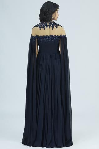 Shop for Megha and Jigar Blue Georgette Embellished Gown for Women Online at Aza Fashions Gowns Blue, Navy Blue Gown, Gown Blue, Gown For Women, Sequin Embellishment, Embellished Neckline, Embellished Gown, Blue Gown, Cape Sleeves