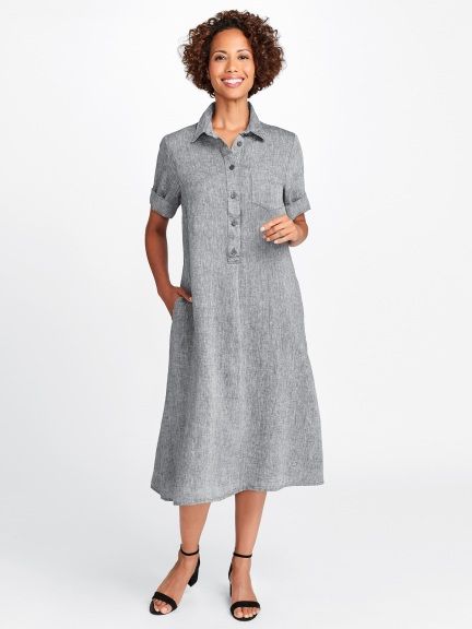 Modernist by FLAX Collared Shirt Dress With Buttoned Pockets And Relaxed Fit, Relaxed Fit Collared Shirt Dress With Buttoned Pockets, Classic Shirt Dress With Relaxed Fit And Button Closure, Classic Relaxed Fit Shirt Dress With Button Closure, Linen Shirt Dress With Button Closure For Work, Chic Linen Shirt Dress With Buttons, Casual Semi-formal Dress With Pockets, Casual Semi-formal Short Sleeve Shirt Dress, Classic Shirt Dress With Rolled Sleeves For Daywear