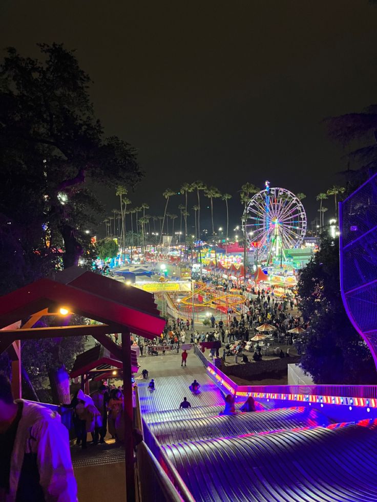 an amusement park lit up at night with people on the ground and rides in the background