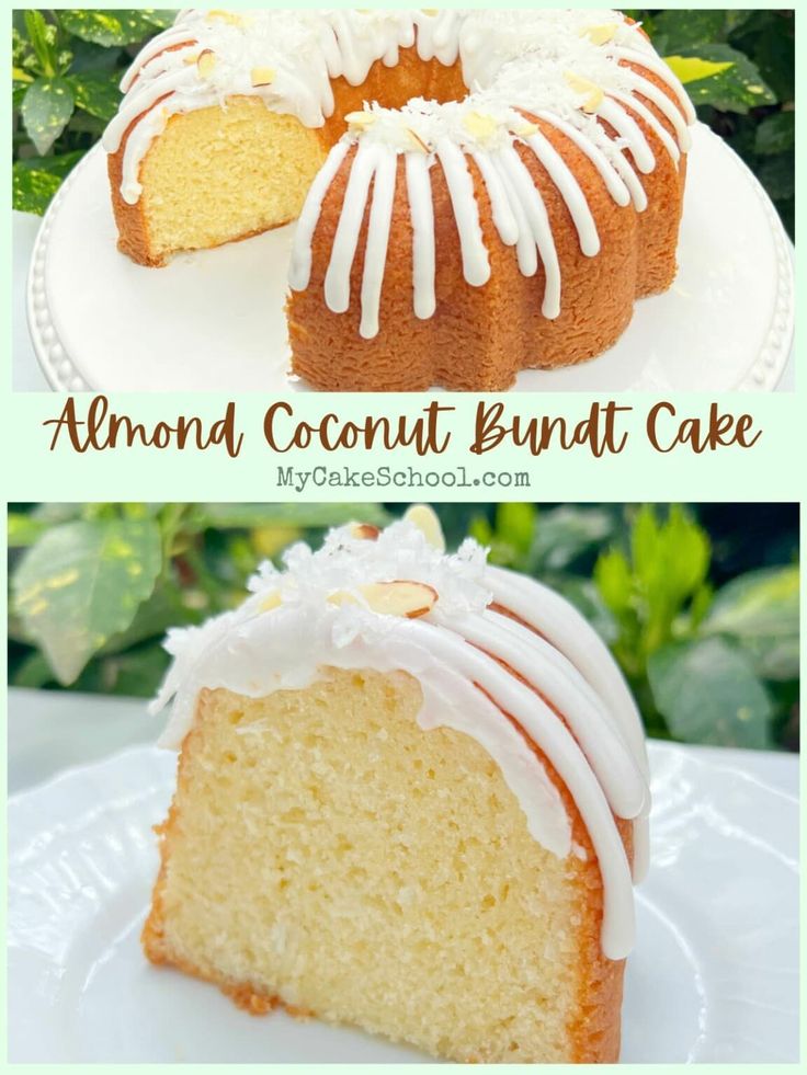 two pictures of a bundt cake with white icing and one has a slice taken out