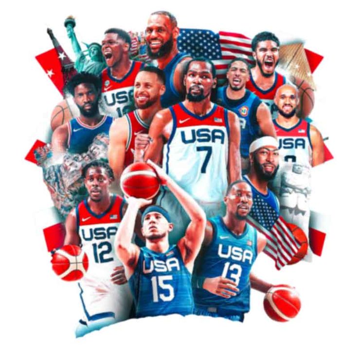 the us men's basketball team is depicted in this collage