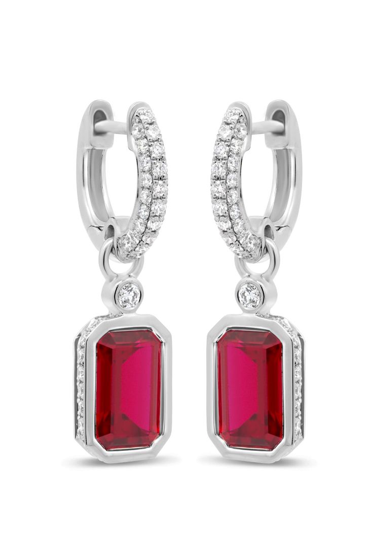 Material 14KT White Gold Gemstone 3.16ct Lab Grown Ruby Diamond .59ctw Lab Grown Diamond Style # 62268 Ruby Earrings, Ruby Diamond, Diamond Fashion, Lab Grown, Lab Grown Diamonds, Ruby, Emerald, Lab, White Gold