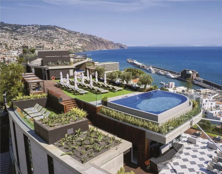 an aerial view of a swimming pool and the ocean