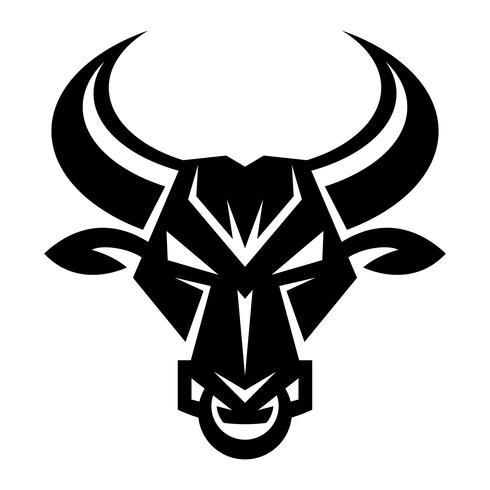 black and white bull's head with large horns on a white background stock photo