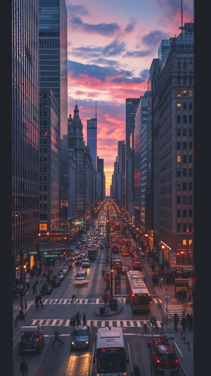 a city street filled with lots of traffic and tall buildings under a colorful sky at sunset