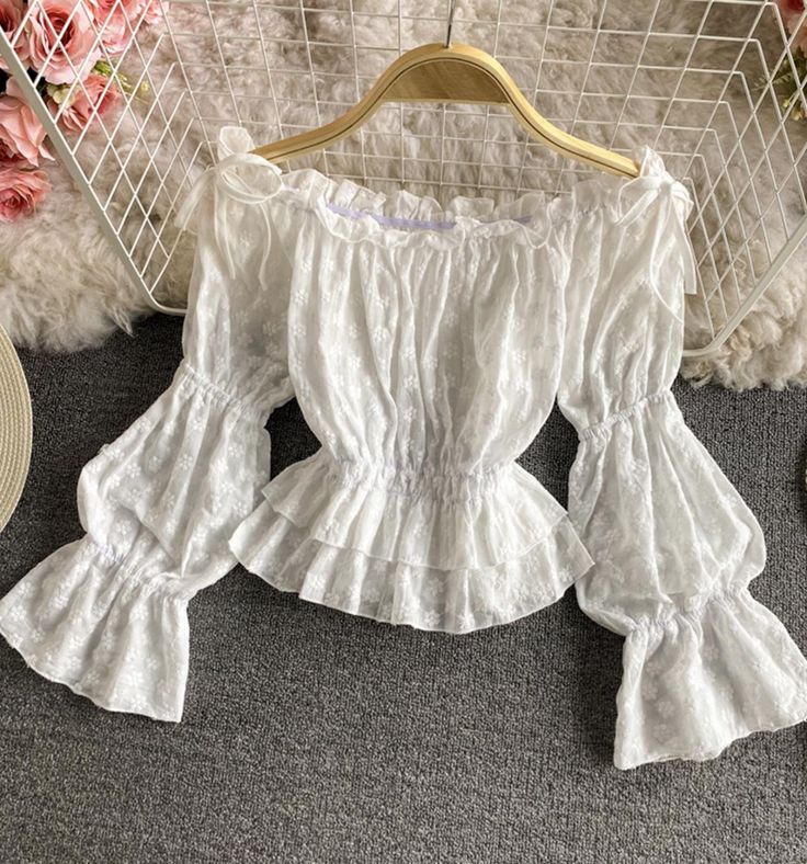 Cute lace tops white long sleeve topsFabric: laceColor: whiteSize: free sizelength 41 bust 98 waist 58-88 Cute Lace Tops, White Lace Shirt Long Sleeve, Aot Shifting, White Long Sleeve Tops, Mushroom Outfit, Cute White Tops, White Lace Shirt, Romantic Fashion, Lacy Tops