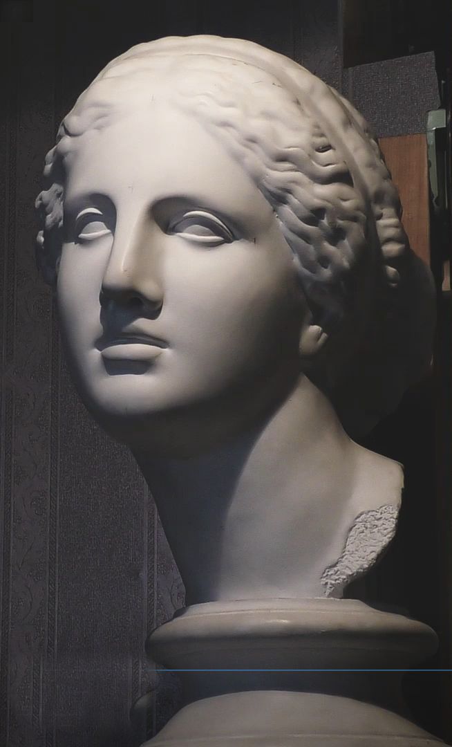 a statue of a woman's head with braids in her hair is shown