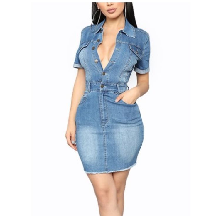 Button Up Blue Tight Denim Dress Blue Knee-length Mini Dress With Button Closure, Fitted Mini-length Denim Dress With Buttons, Fitted Denim Dress With Buttons In Mini Length, Fitted Denim Dress With Buttons, Mini Length, Light Wash Denim Mini Dress With Button Closure, Blue Slim Fit Denim Dress, Fitted Denim Blue Mini Dress With Short Sleeves, Fitted Trendy Denim Dress With Button Closure, Fitted Denim Dress With Button Closure