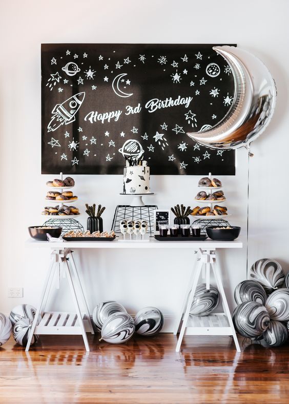 an image of a birthday party with balloons and desserts on the table in front of it