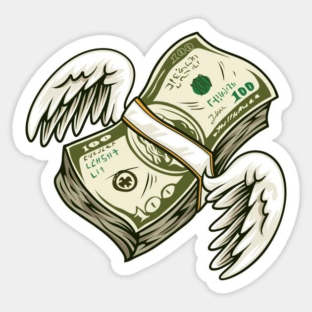 a sticker with an angel's wings and one hundred dollar bill sticking out of it