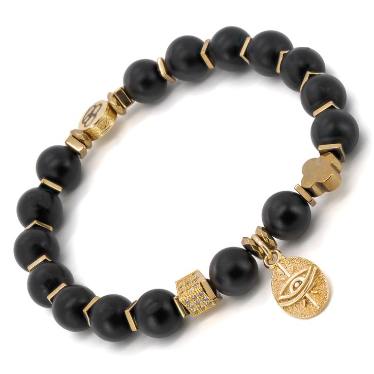 The Black Onyx Stone Gold Evil Eye Beaded Bracelet is a stunning piece of handmade jewelry that incorporates a variety of beautiful and meaningful elements. These elements create a unique piece of jewelry that is perfect for anyone who wants to add a touch of elegance, protection, and spiritual energy to their daily life. The Onyx Unique Eye Bracelet is a perfect accessory to wear on its own or to layer with other bracelets for a personalized and stylish look. The spiritual eye is a symbol of pr Black Symbolic Jewelry With 8mm Beads, Luxury Onyx Beaded Bracelets As Gift, Gold Onyx Beaded Bracelets With Gemstones, Gold Beaded Bracelets With Onyx Gemstones, Symbolic Hand-strung Round Beads Jewelry, Elegant Onyx Hand-strung Jewelry, Elegant Hand-strung Onyx Jewelry, Luxury Onyx Round Bead Jewelry, Onyx Beaded Stretch Bracelet Gift