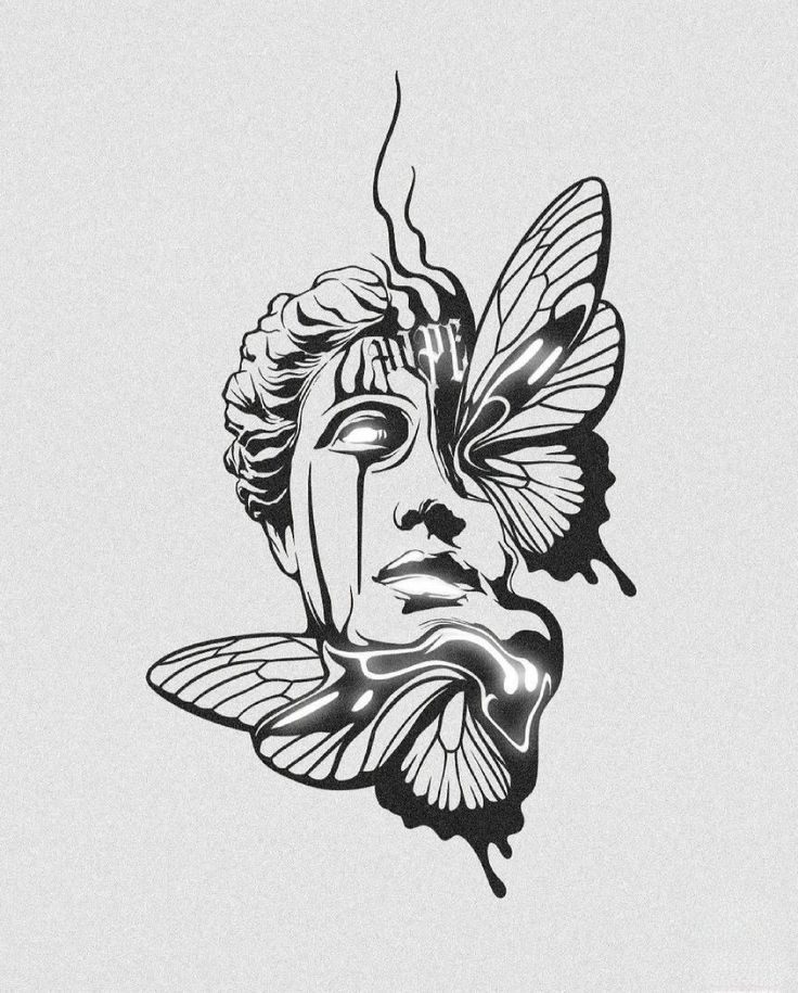 a black and white drawing of a woman's face with a butterfly on it