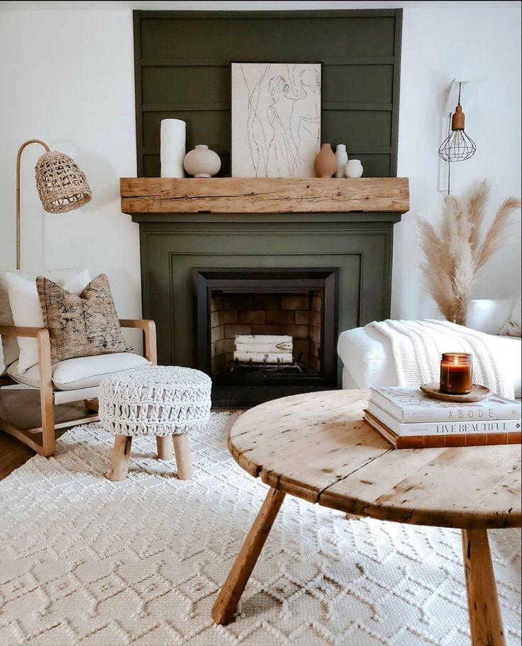 a living room filled with furniture and a fire place