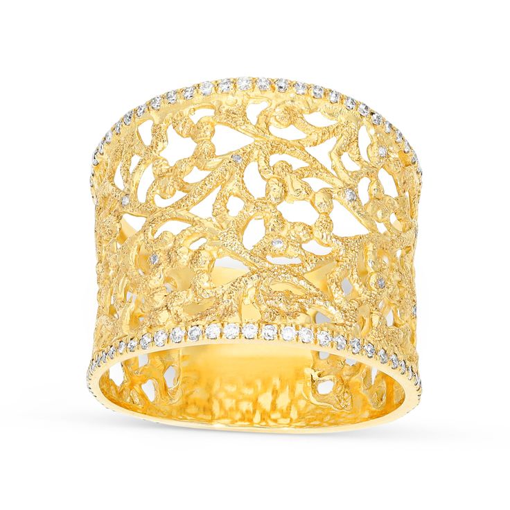 The perfect complement to her whimsical style, this vintage-inspired 18k yellow gold diamond ring is ready to surprise and delight. This elegant look showcases a designer filigree style ring rimmed with delicate yet shimmering pave diamonds. Surprise your loved one or yourself with this truly special gift appropriate for everyday or special occasion.
Available in all sizes, send us yours!
0.45 carat white diamonds
14K yellow gold
The ring design can be customized to suit your particula Elegant Yellow Gold Filigree Ring For Anniversary, Exquisite Yellow Gold Ring With Intricate Design, Elegant Yellow Gold Filigree Wedding Ring, Exquisite Yellow Gold Rings With Intricate Design, Elegant Filigree Diamond Ring, Luxury Gold Diamond Ring With Intricate Design, Yellow Gold Filigree Ring With Intricate Design, Formal Yellow Gold Diamond Ring With Intricate Design, Fine Jewelry Yellow Gold Filigree Diamond Ring