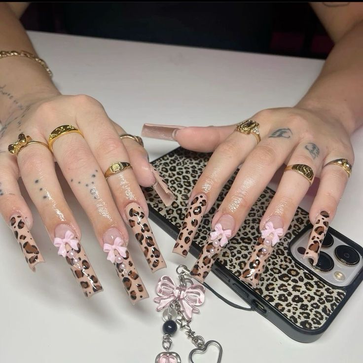 Long Cheetah Print Nails, Cheetah Print Nails, Anime Nails, Girly Acrylic Nails, Nail Care Routine, Print Nails, Pretty Gel Nails, Nail Idea, Bling Acrylic Nails