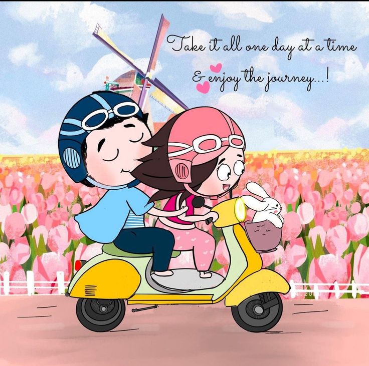 two people on a scooter in front of a field of tulips with the words, take it all one day at time enjoy the journey