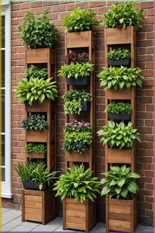 a tall wooden planter filled with lots of plants next to a brick wall and door